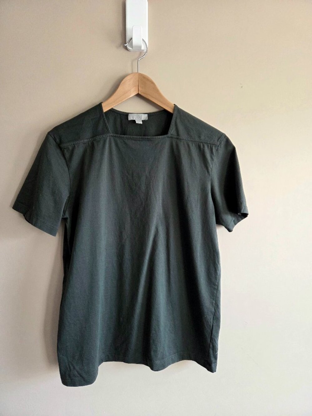 COS 100% Cotton Dark Olive Green Square Neck Tee-shirt Short Sleeve